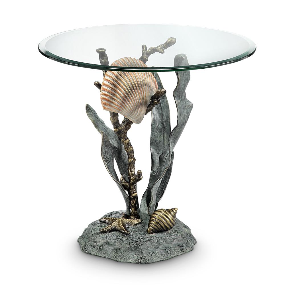 SPI Coastal Home End Table with Bronze Seashells and Verdigris Seagrass