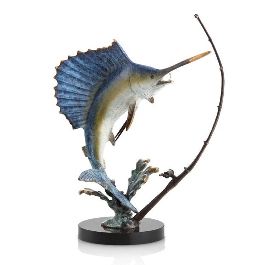 SPI Gallery Handmade Brass Fighting Sailfish Sculpture with Tackle
