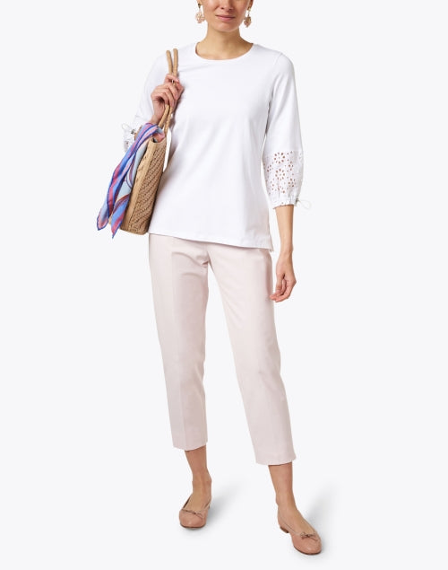 Stretch Pima Cotton White Top with Eyelet Cuff Details