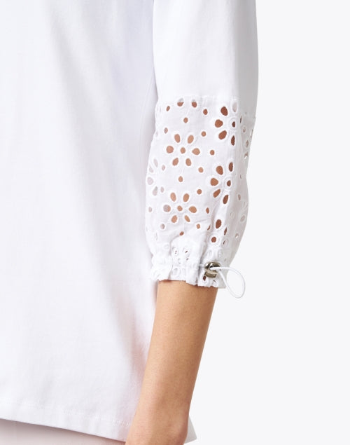 Stretch Pima Cotton White Top with Eyelet Cuff Details