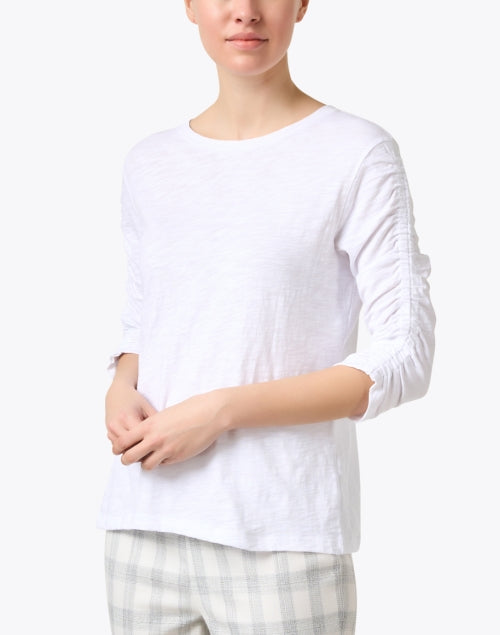 Stylish Women's White 100% Cotton Top with Ruched Elbow-Length Sleeves