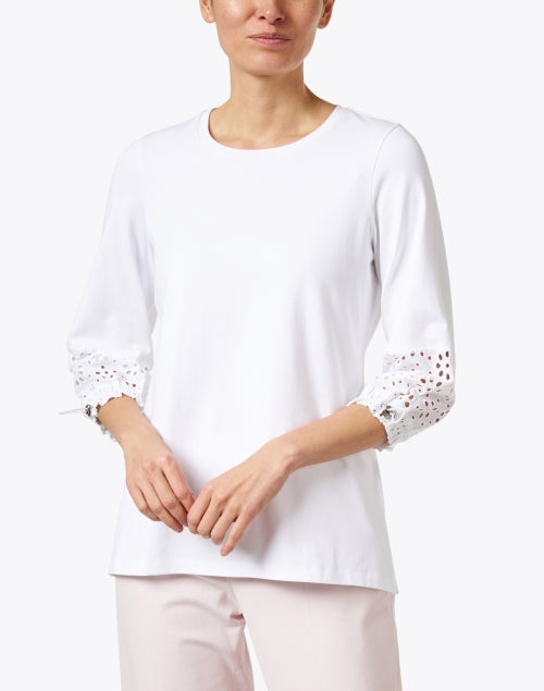 Stretch Pima Cotton White Top with Eyelet Cuff Details
