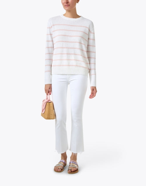 Stylish White and Rose - Hued Striped Women's Linen Knit Sweater for Transitional Seasons