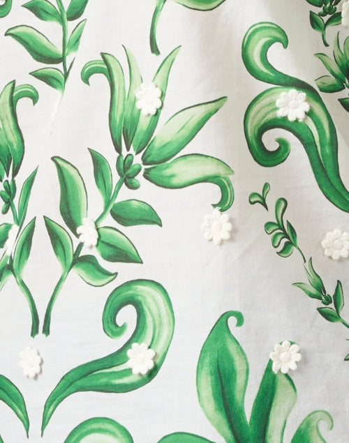 Cute White and Green Printed Cotton Blouse with Puff Sleeves
