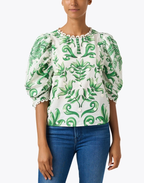 Cute White and Green Printed Cotton Blouse with Puff Sleeves
