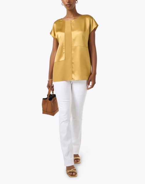 Stylish Yellow 100% Silk Interlocking Block Panel Women's Blouse