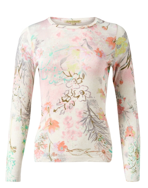 Elegant White Cashmere Silk Sweater with Floral Prints