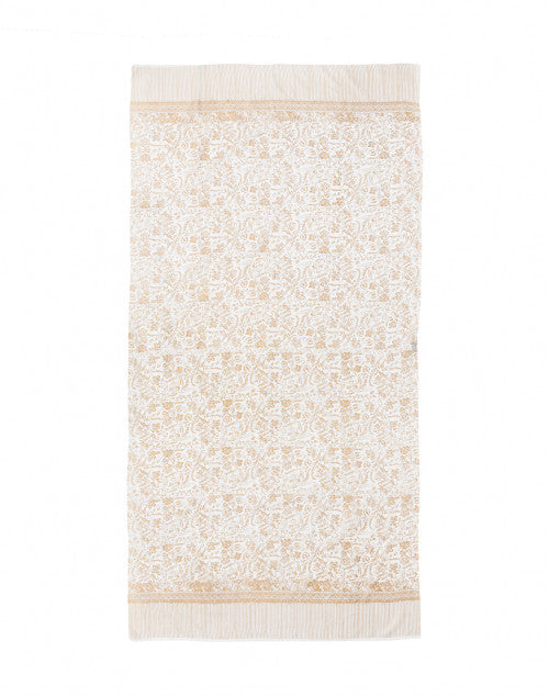 Exquisite White and Gold Metallic Floral Printed Lightweight Silk Scarf