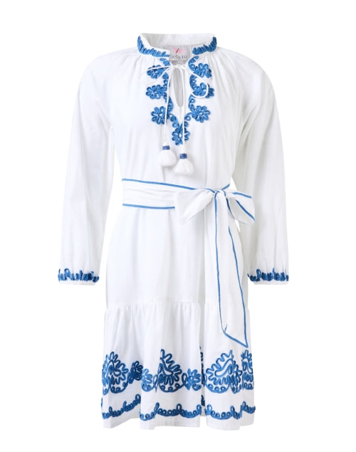 Stylish White Cotton Dress with Blue Embroidery