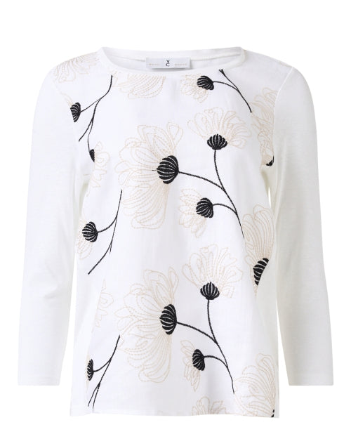 Stylish Women's White and Navy Blue Floral Embroidered Linen Top for Everyday Wear