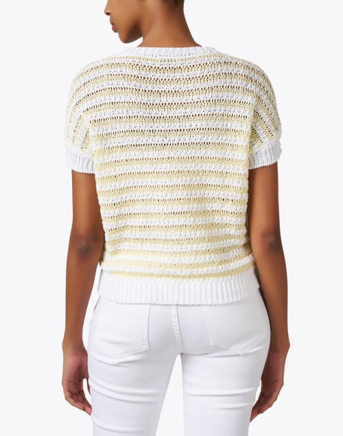 Stylish White and Golden-Yellow Striped Short Sleeve Knit Sweater