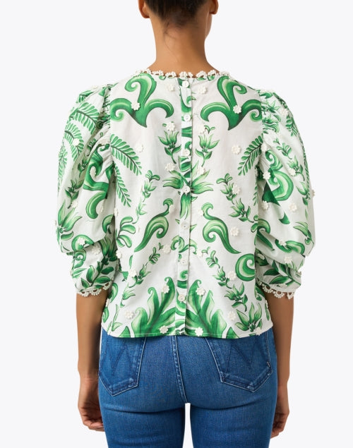 Cute White and Green Printed Cotton Blouse with Puff Sleeves