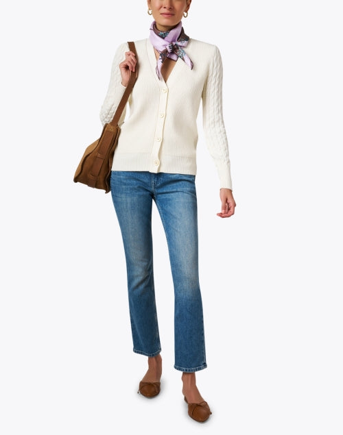 Luxurious White Cotton - Cashmere Blend Cable - Knit Cardigan