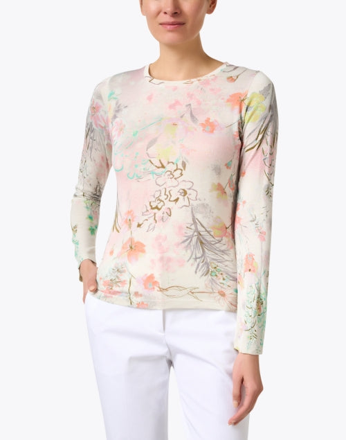 Elegant White Cashmere Silk Sweater with Floral Prints