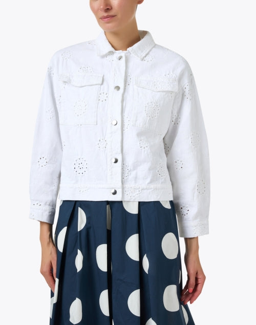 Elliot Lauren Women's Fashionable White Eyelet Detailing Denim Cropped Jacket