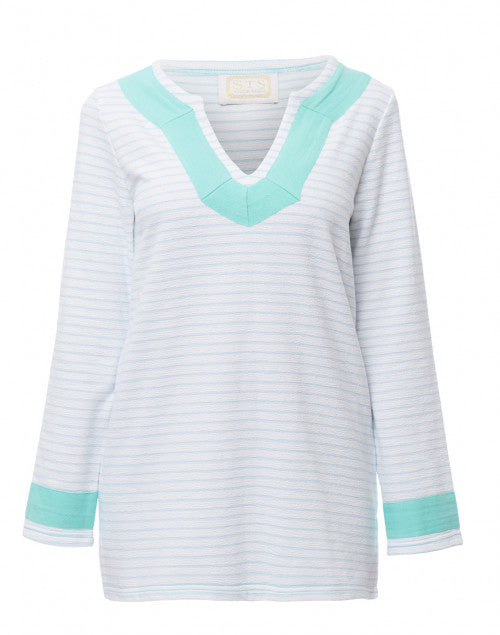 Elegant White and Light Blue Striped French Terry Spring Tunic Top