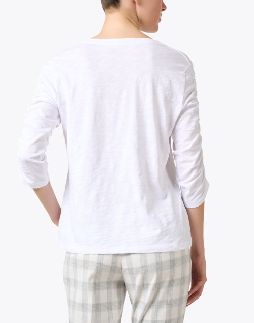Stylish Women's White 100% Cotton Top with Ruched Elbow-Length Sleeves
