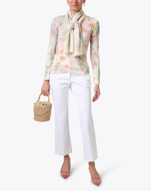 Elegant White Cashmere Silk Sweater with Floral Prints