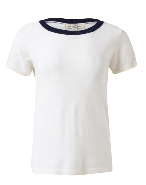 Elegant White Cashmere Crew Neck Short-Sleeve Ringer Top