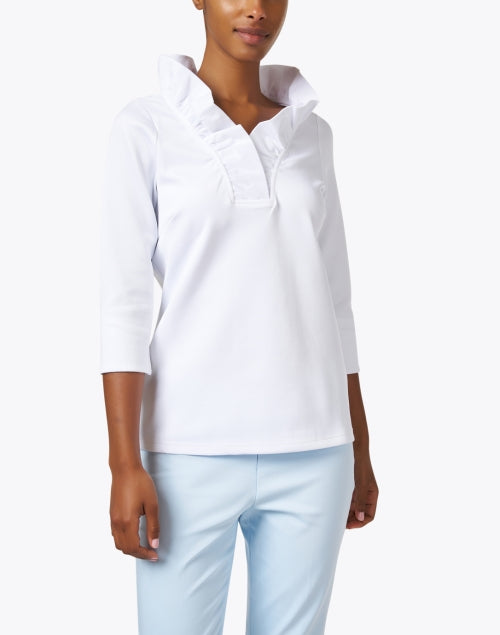 Ladies' White Ruffled V-Neck Stretch Top for Daily Wear