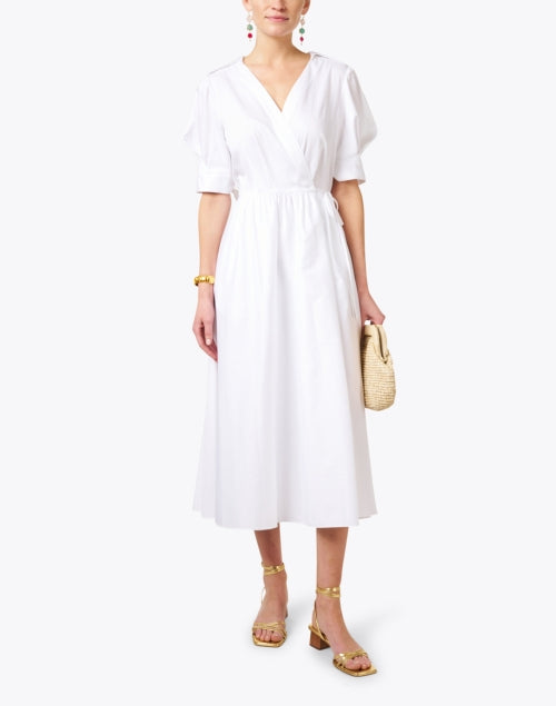 Elegant 100% Cotton White Wrap Dress with Puff Sleeves and Self - Tie Details