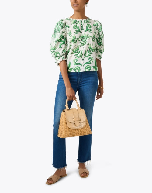 Cute White and Green Printed Cotton Blouse with Puff Sleeves