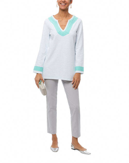 Elegant White and Light Blue Striped French Terry Spring Tunic Top
