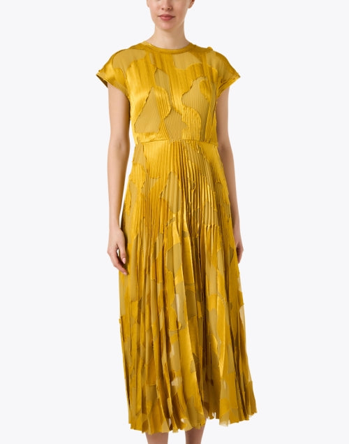 Stylish Yellow Fil Coupe Jacquard A-Line Dress with Short Cap Sleeves