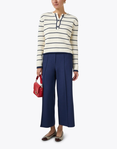 Navy and White Striped Cotton Blend Casual Sweater for Polished Looks
