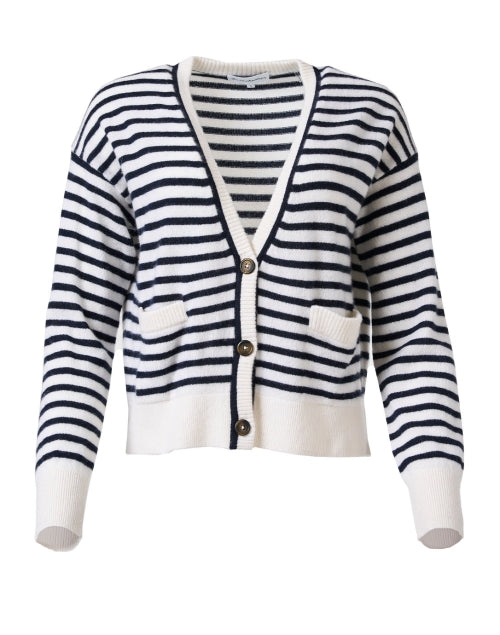 Stylish White and Navy Blue Striped Women's Cashmere Knit Cardigan Sweater