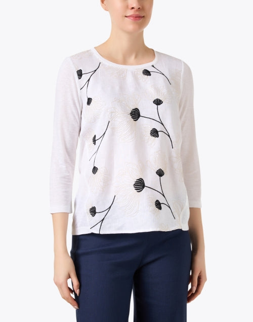 Stylish Women's White and Navy Blue Floral Embroidered Linen Top for Everyday Wear