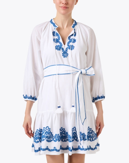 Stylish White Cotton Dress with Blue Embroidery