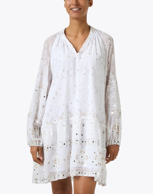 Feminine White Cotton Dress with Mosaic Embroidered Design