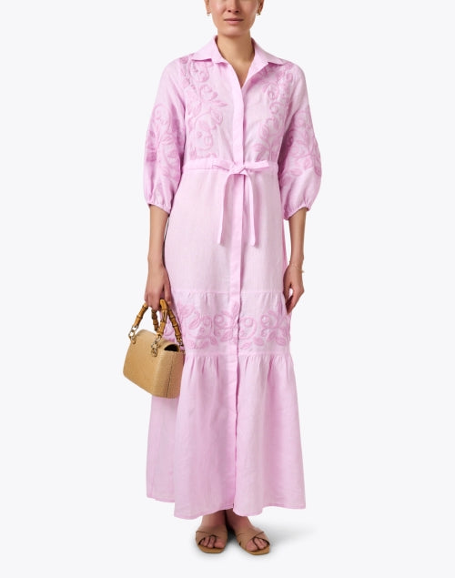 Pink Embroidered Women's Linen Summer Dress - Zena Style