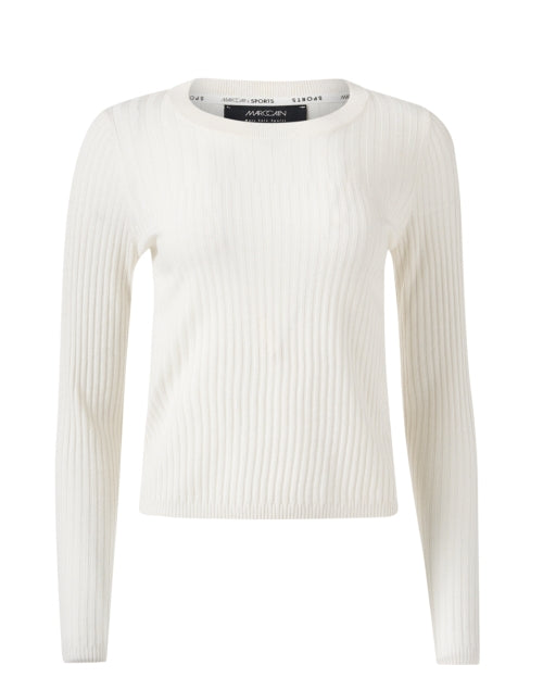 Elegant White Ribbed Wool-Cashmere Blend Knit Sweater