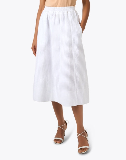 Stylish White Textured Elastic-Waist A-Line Cotton Midi Skirt