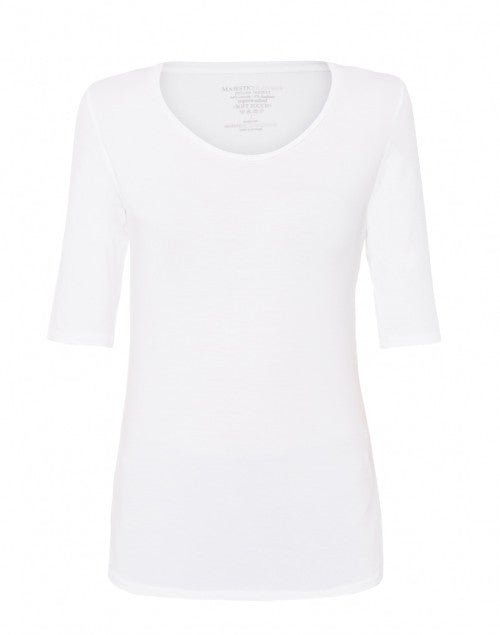 Elegant Stretchable White Scoop Neck Elbow-Sleeve Viscose Women's Top