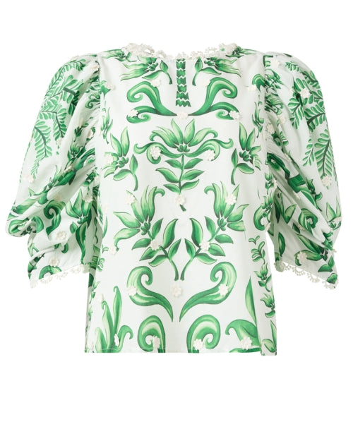 Cute White and Green Printed Cotton Blouse with Puff Sleeves