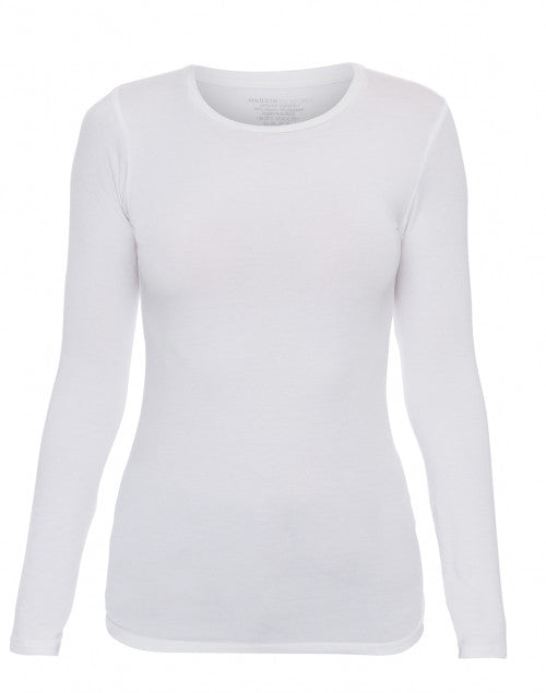 Stretchable Long-Sleeved White Crew Neck Viscose Top for Women's Wardrobe