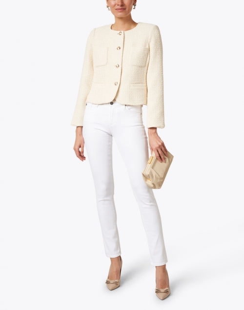Super Stretch White Cotton Twill Tapered Leg Five - Pocket Jeans