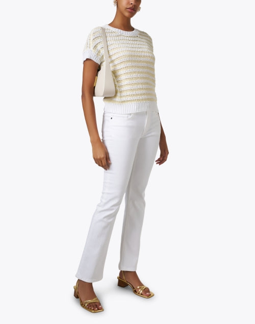 Stylish White and Golden-Yellow Striped Short Sleeve Knit Sweater