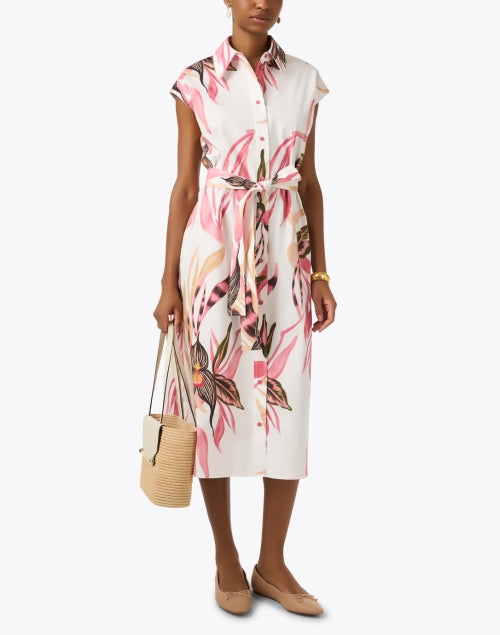 Stylish Women's White and Blush Floral Leaf Print Shirt Dress