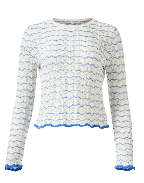 Stylish White and Blue Open - Weave Knit Sweater with Wavy Stripes