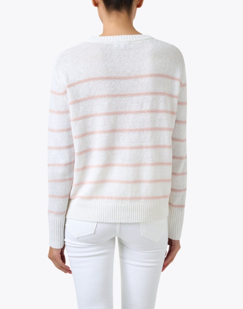 Stylish White and Rose - Hued Striped Women's Linen Knit Sweater for Transitional Seasons