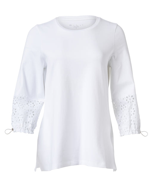 Stretch Pima Cotton White Top with Eyelet Cuff Details