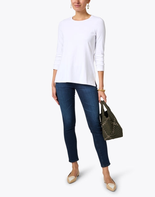 Versatile White Peruvian Pima Cotton Tee with Ruched Sleeves