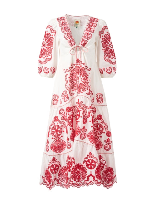 Stunning White and Crimson Floral Embroidered Women's Summer Dress