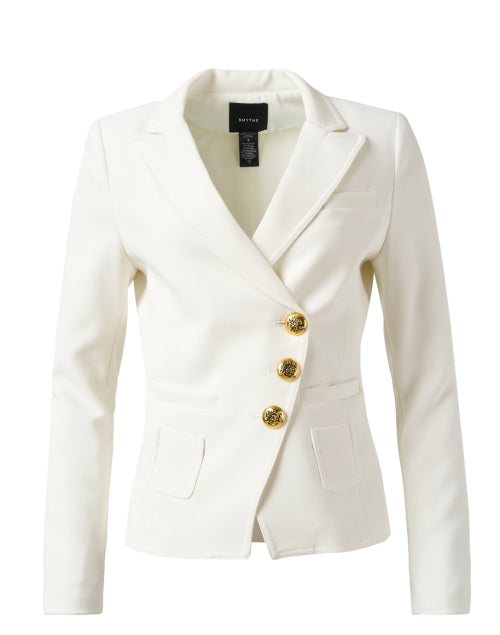 Stylish White Stretch Wrap Blazer with Asymmetrical Button Closure