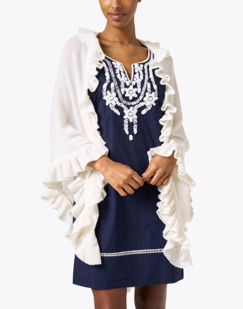 Exquisite White Cashmere Signature Ruffled Shawl for Elegant Women