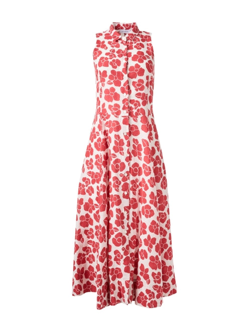 Stylish White and Crimson Floral Linen Women's Shirt Dress for Casual Outings